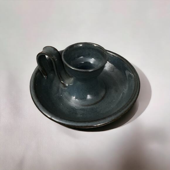 Pottery Tapered Candlestick Holder, 1988, Beautiful Dark Colonial Blue Glazel - Picture 4 of 5